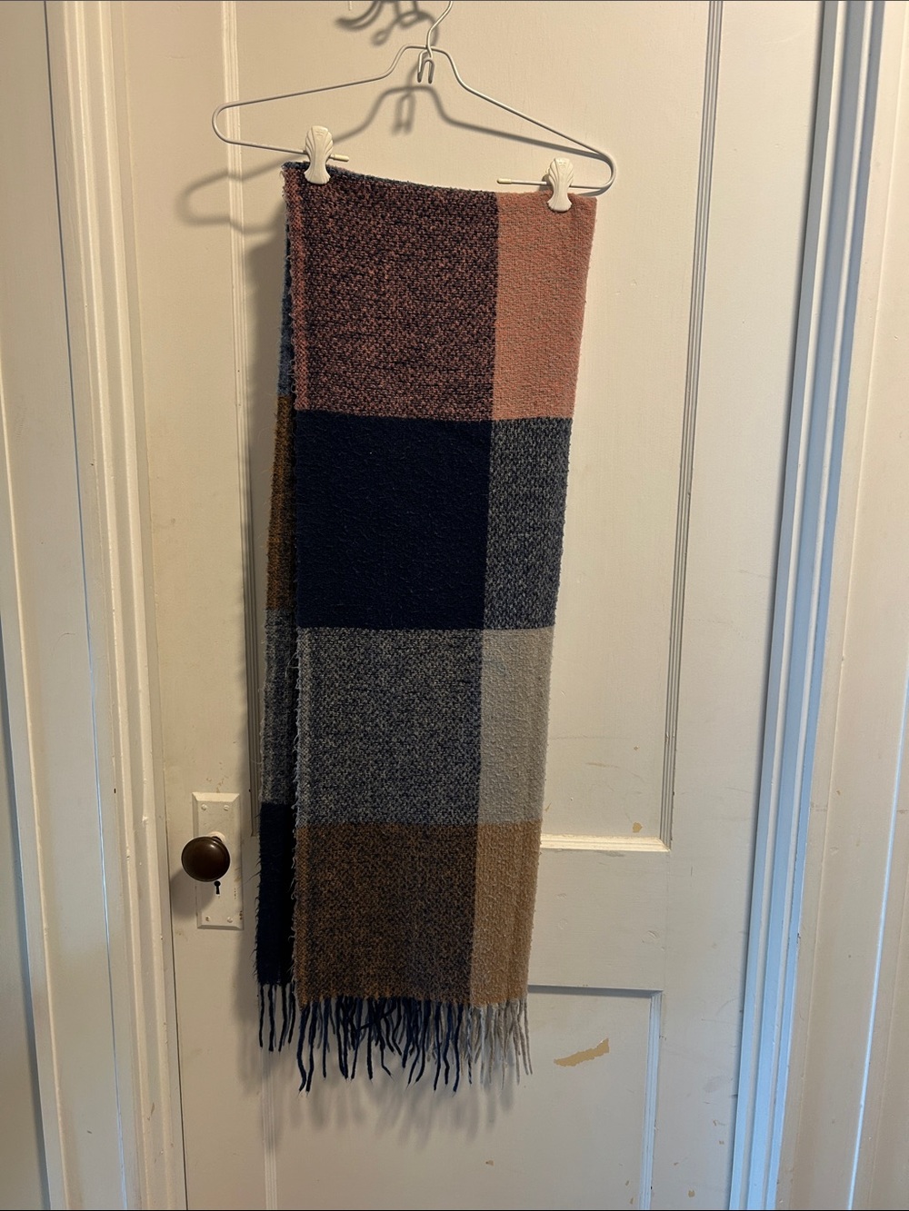 Cozy Plaid Fringe Throw Scarf in Pink, Navy & Brown